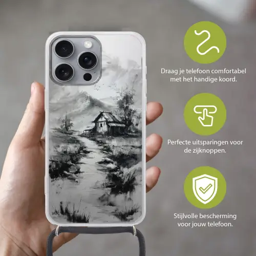 Hut - Grijs - Bergen - Mistig Hoesje iPhone 16 Pro Max met koord klein -sfeer2_NL