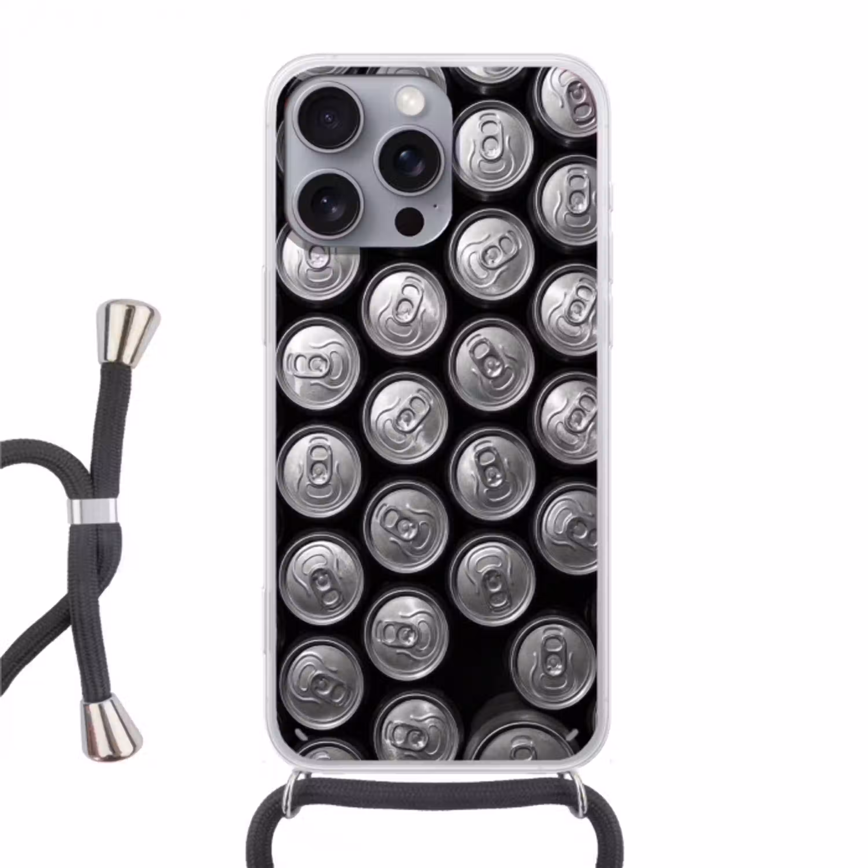 Blikjes - Aluminium - Patroon - Industrieel - Zilver Hoesje iPhone 16 Pro Max met koord klein -3d