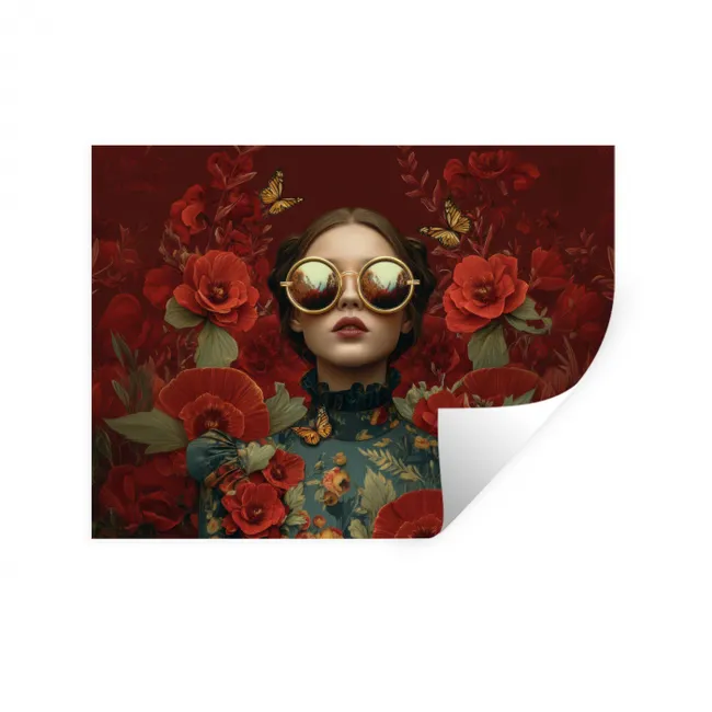 Muursticker - Bloemen - Dieprood - Zonnebril - Vrouw