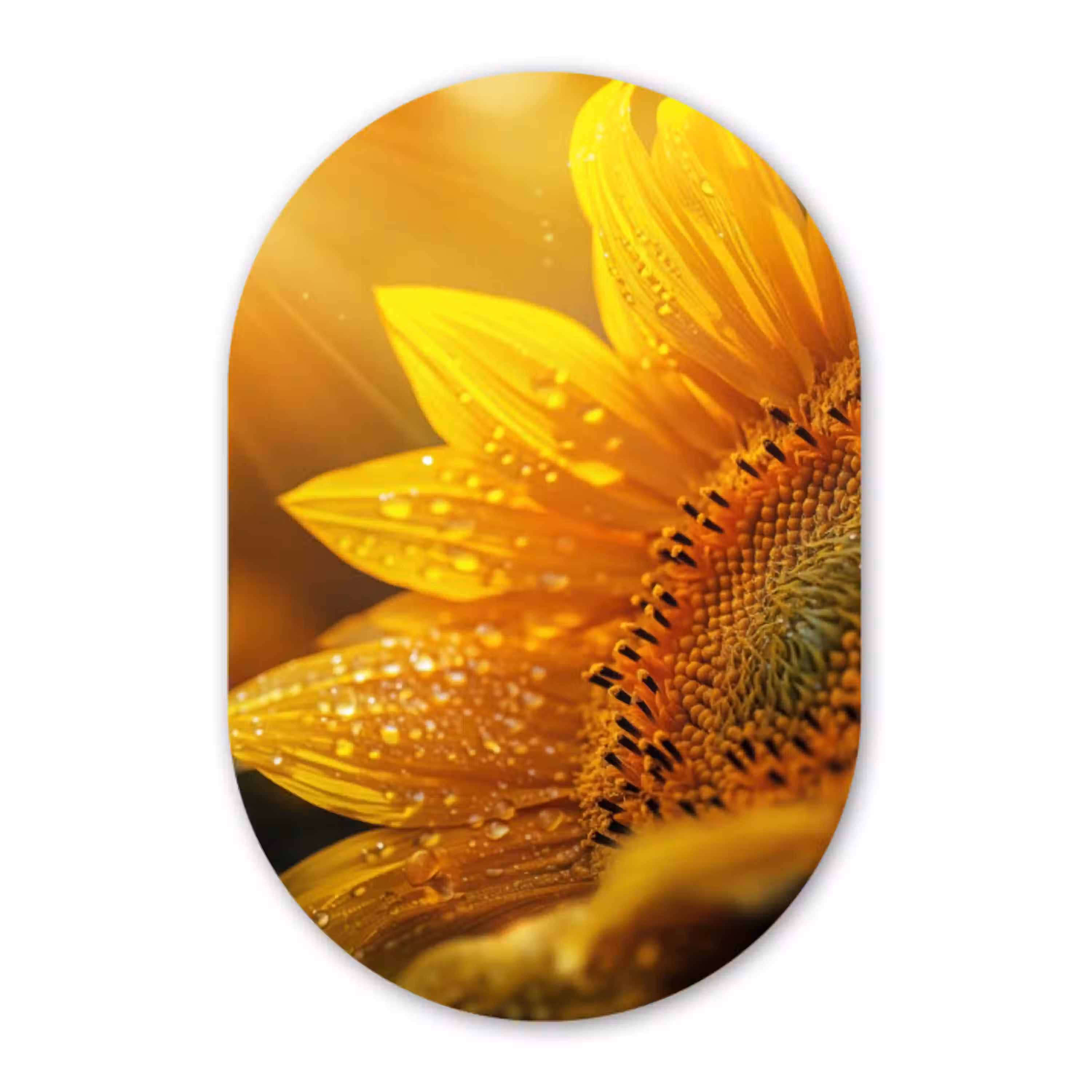 Zonnebloem - Dauwdruppels - Geel - Zonlicht Wandcirkel Ovaal Aluminium middel -3d