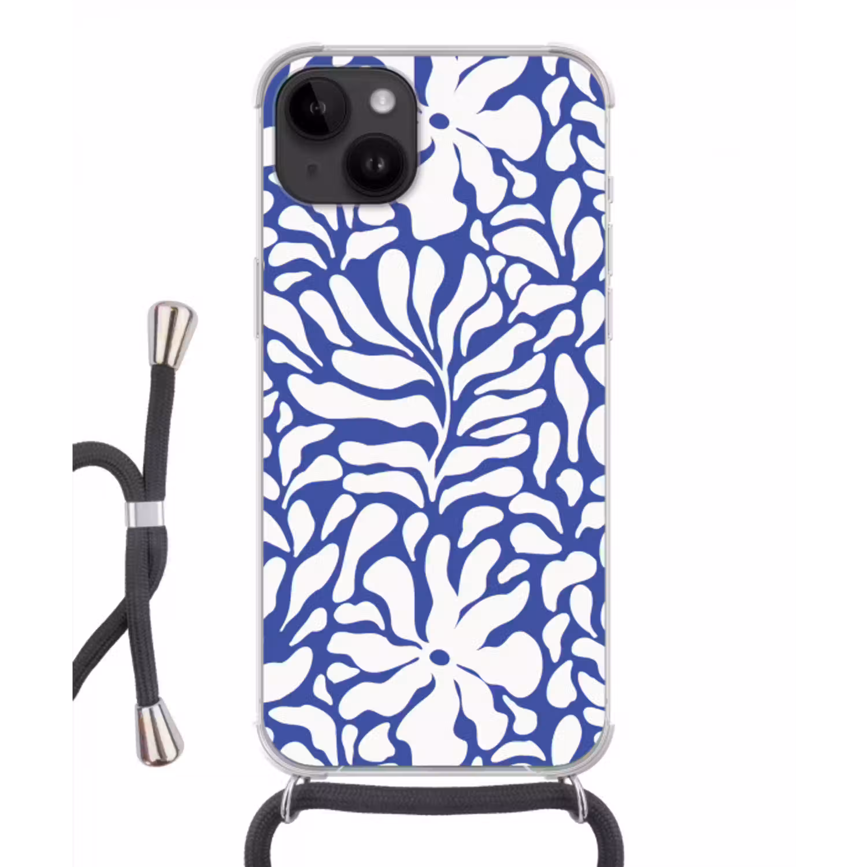 Bloemen patroon - Blauw - Wit - Bladeren Crossbody Case iPhone 14 middel -3d