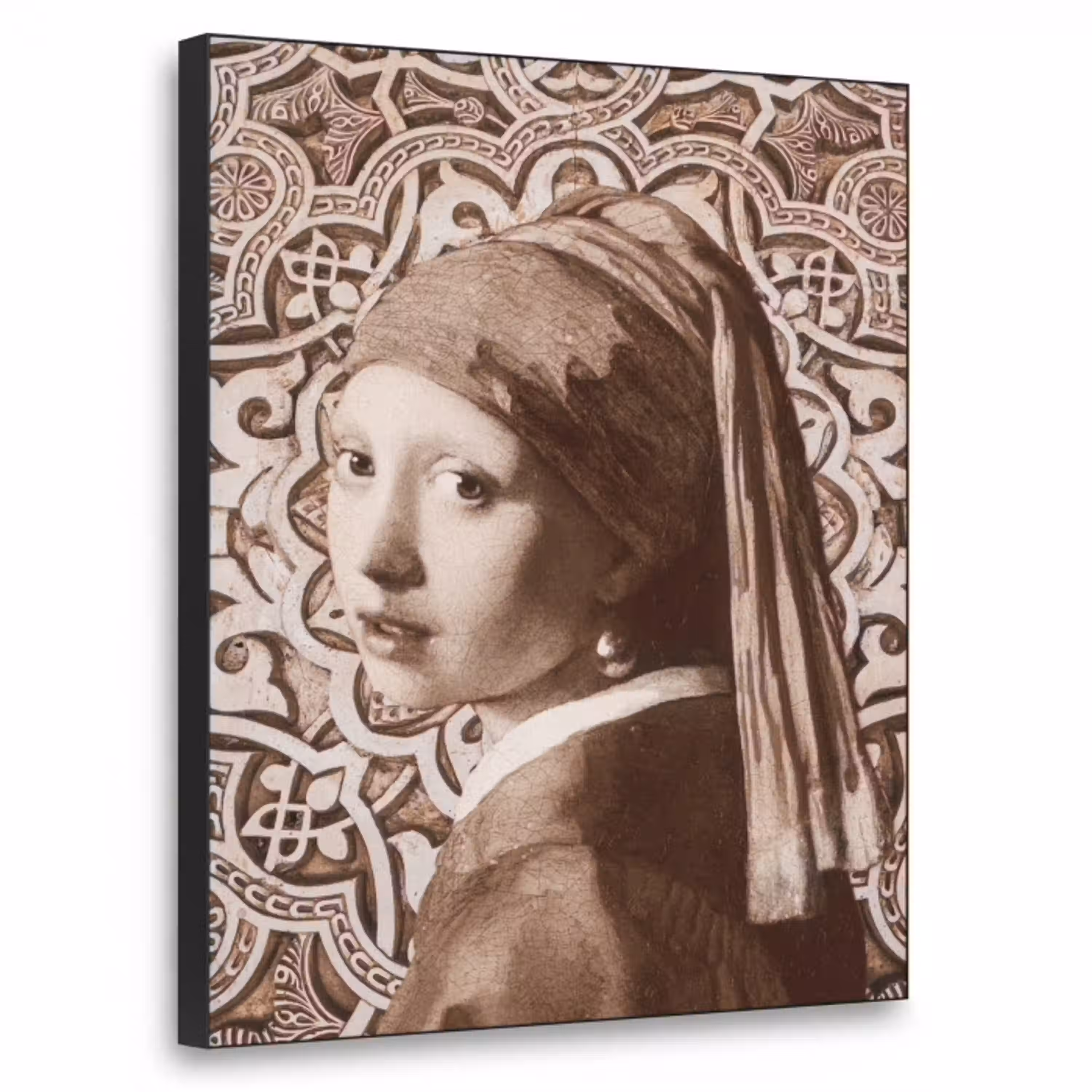 Meisje met de parel - Johannes Vermeer - Sepia Textielframe zwart klein -3d
