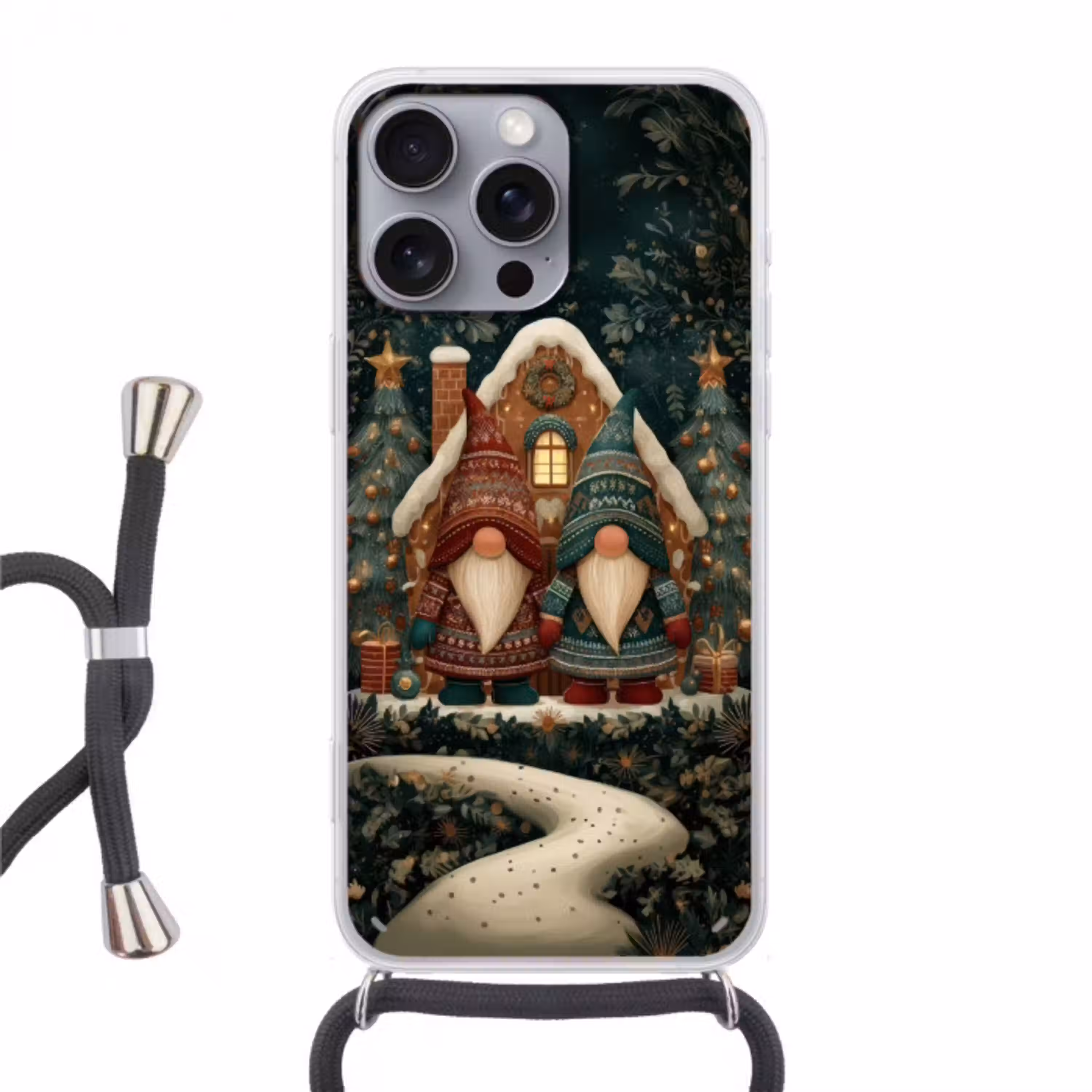 Kerst - Gnomen - Peperkoekhuisje - Rood - Groen Hoesje iPhone 16 Pro Max met koord klein -3d