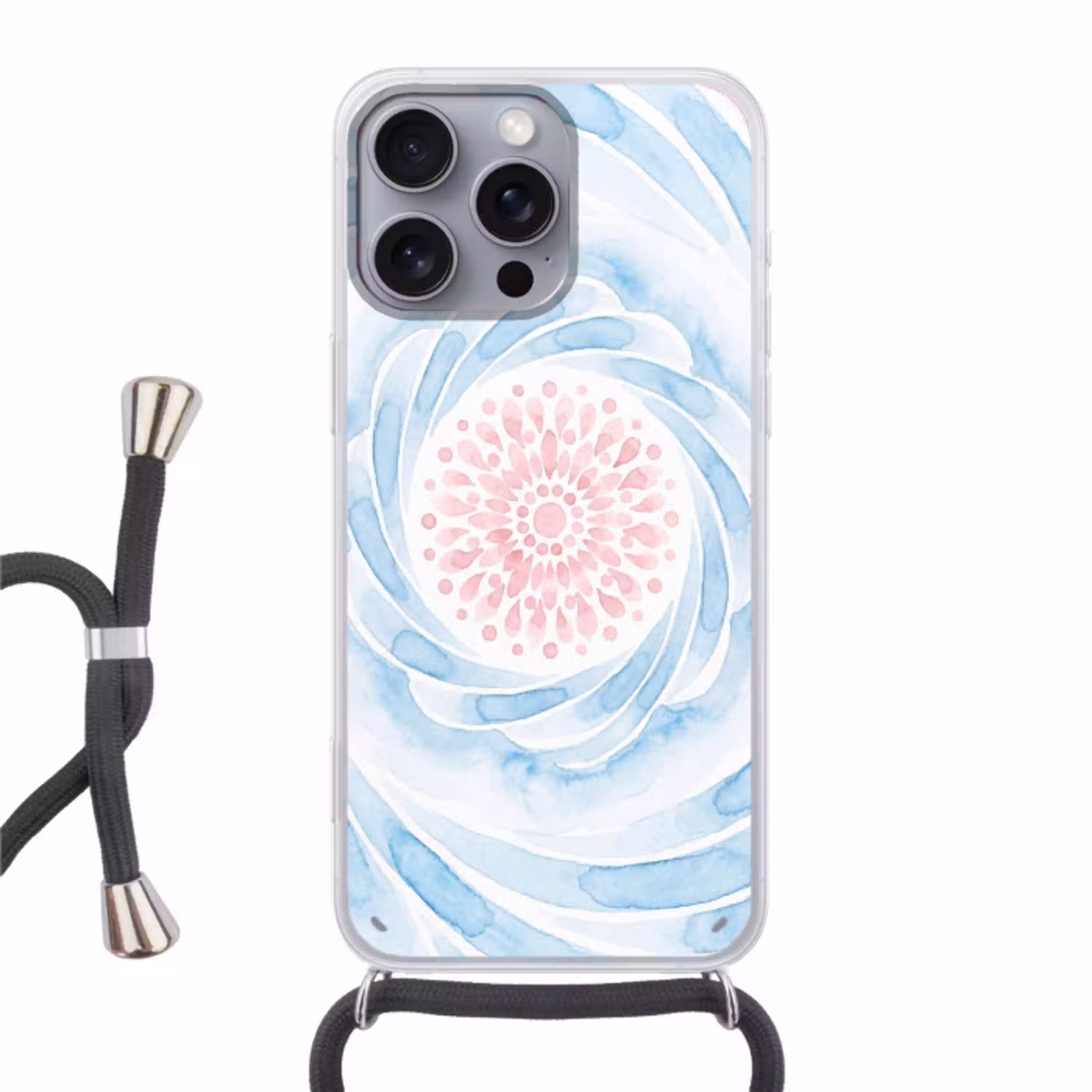 Abstract - Bloemvorm - Aquarel - Roze - Blauw Hoesje iPhone 16 Pro Max met koord klein -3d