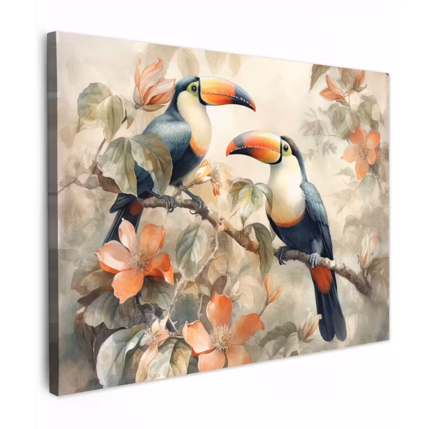 Canvas schilderij - Toekan - Vogels - Bloemen - Tak