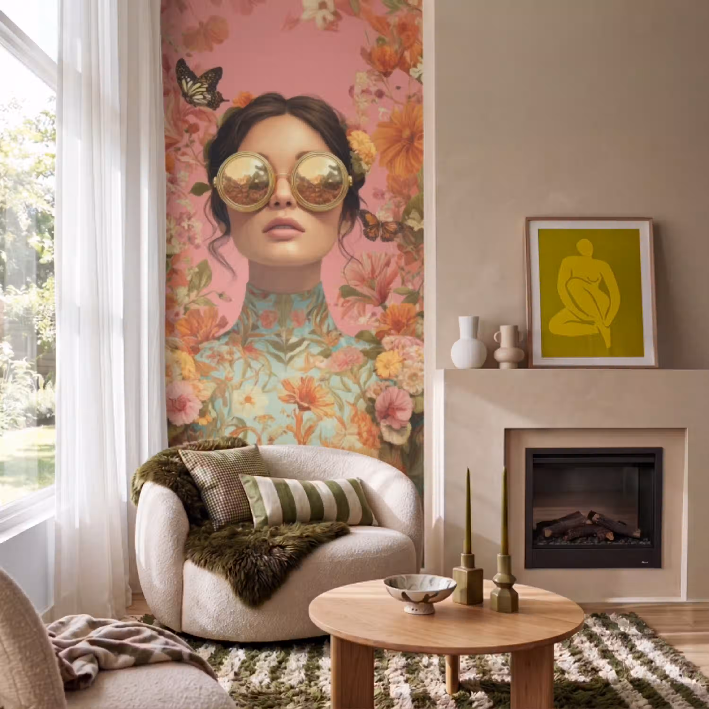 Vrouw - Bril - Roze - Bloemen Behang Vlies klein -sfeer2