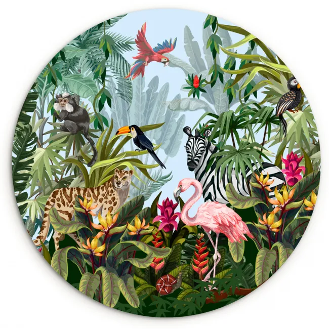 Jungle - Natuur - Jongens - Meisjes - Kinderen - Zebra - Flamingo Wandcirkel kunststof plaat 5mm dik klein -3d