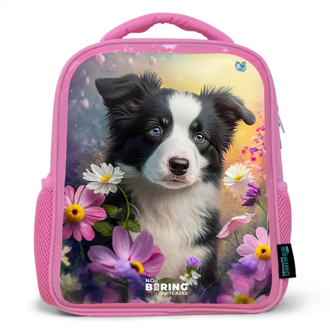 Kids' Backpacks Pink -. black and white puppy among colorful flowers