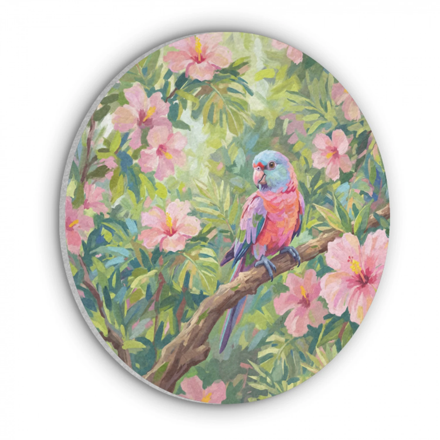Papagaai - Hibiscusbloemen - Kleurrijk Akoestische PET Vilt - Rond klein -3d