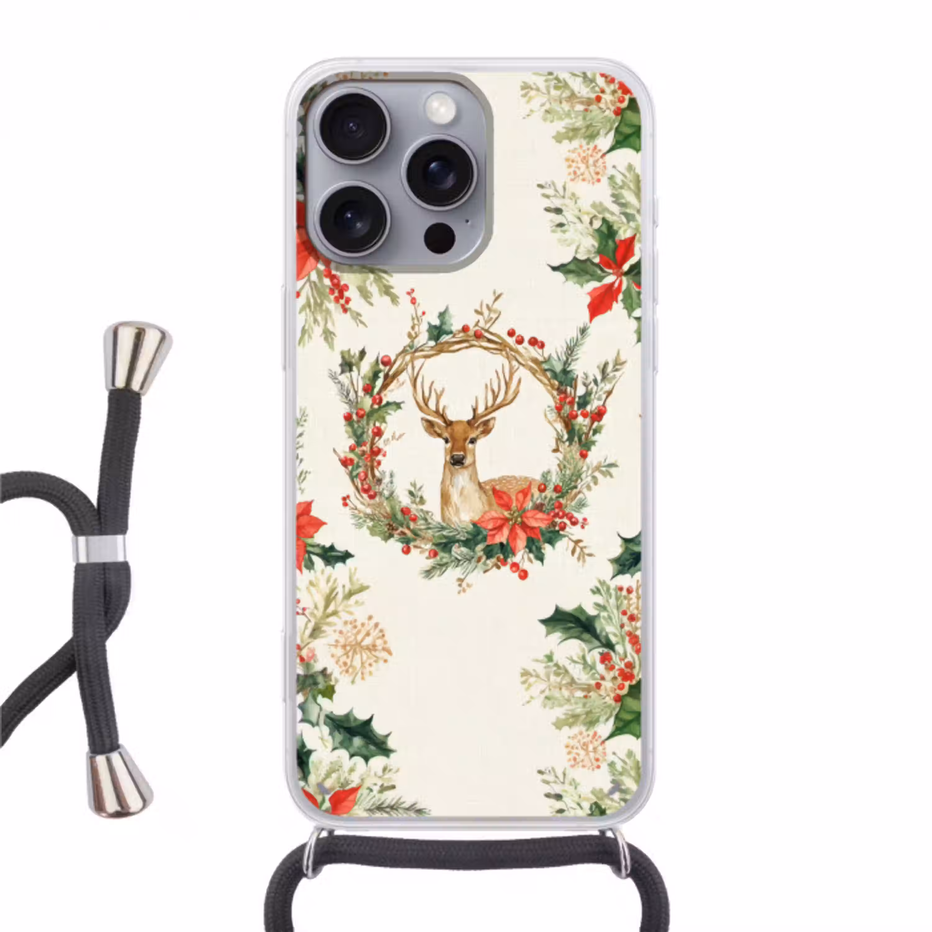 Kerstkrans - Hert - Hulst - Rood Hoesje iPhone 16 Pro Max met koord klein -3d
