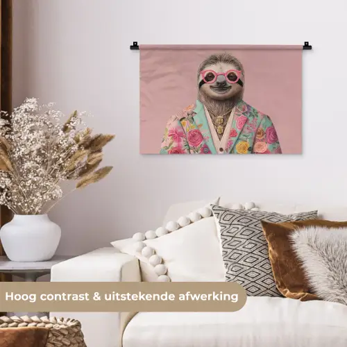 Luiaard - Bloemenprint - Bril - Roze Wandkleed katoen klein -sfeer1