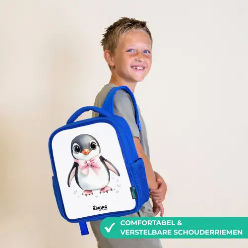 Pinguïn met roze strik en ijsdruppels Kinderrugzak - Blauw middel -sfeer3_NL