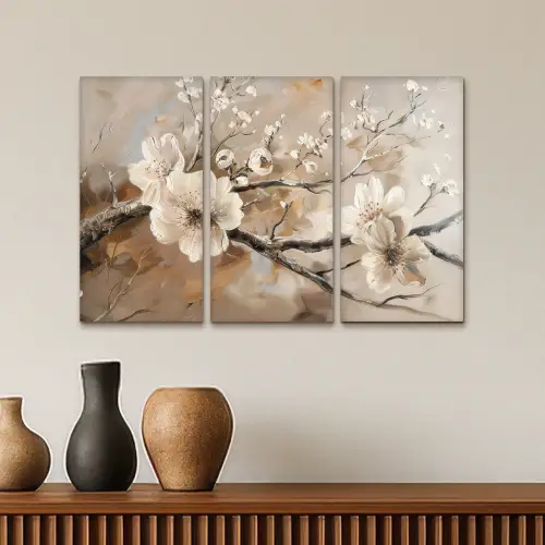 Bloesem - Beige - Abstract - Bloemen Canvas - Meerluiken 3 luik klein -sfeer3