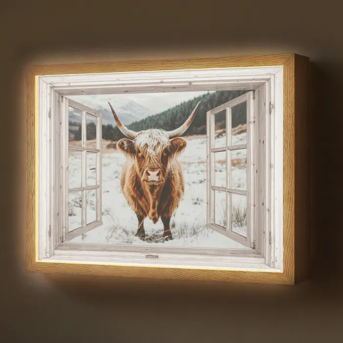Schotse Hooglander - Winterlandschap - Landelijk - Bergen - Doorkijk Light Box met batterij (Wandlamp) middel -z3d_website