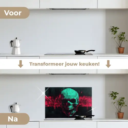 Schedel - Cyberpunk - Neon Rood keuken achterwand spatscherm klein -voor_na_NL