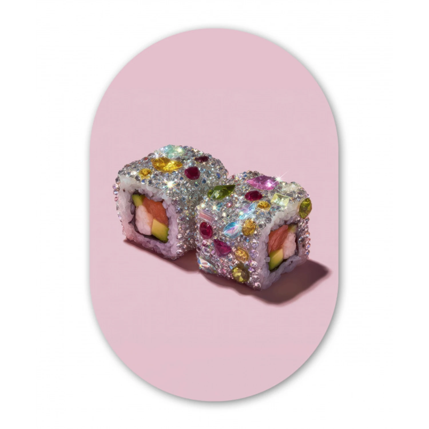 Sushi - Rolletjes - Steentjes - Kleurrijk Wandcirkel Ovaal Aluminium middel -3d