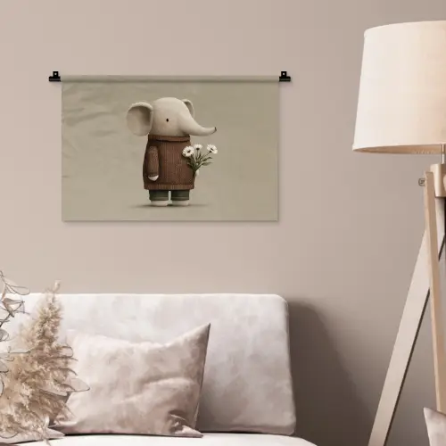Olifant - Witte bloemen - Kindvriendelijk Wandkleed katoen klein -sfeer4