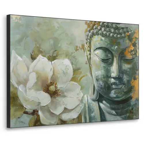 Boeddha - Groen - Lotusbloem - Wit Textielframe - compleet frame klein -3d