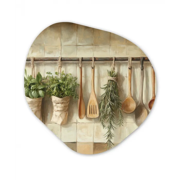 Hout - Keukengerei - Stilleven - Tegels Wandcirkel Organisch Plexiglas middel -3d