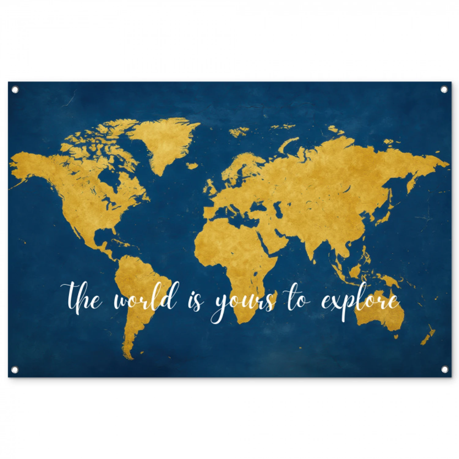 Blauw - Wereldkaart - Quote - Explore tuinposter los doek groot -3d