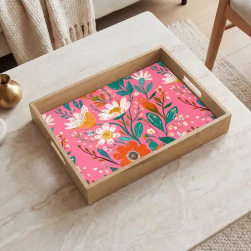 Roze - Bloemen - Wit - Oranje Dienblad Rechthoek middel -sfeer1