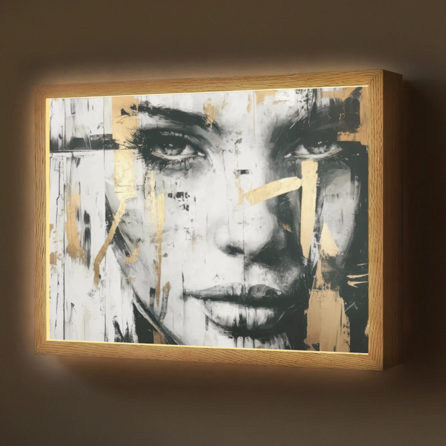 Portret - Vrouw - Penseelstreken - Goud Light Box met batterij (Wandlamp) middel -z3d_website