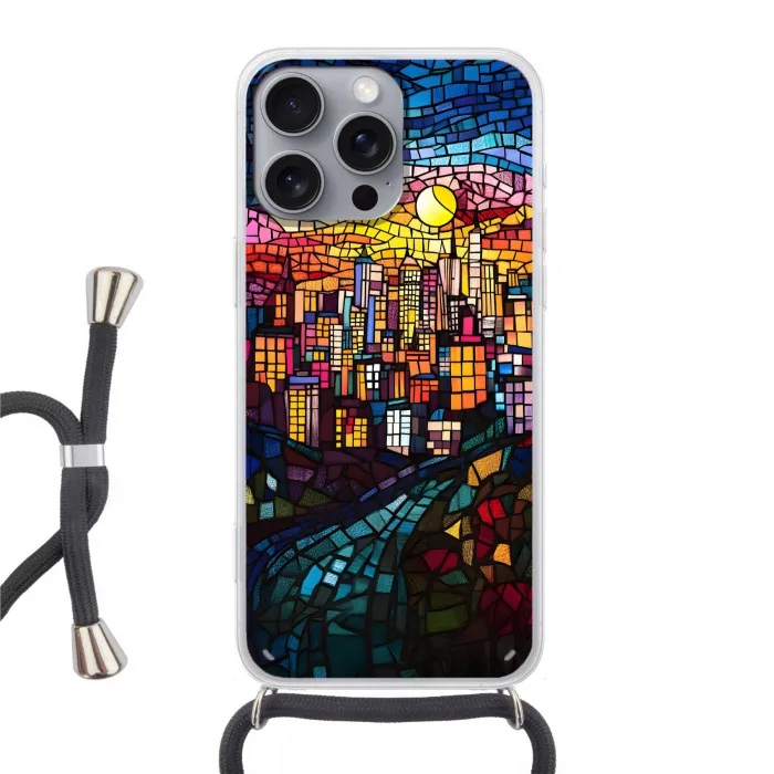Stad - Maan - Mozaïek - Kleurrijk Hoesje iPhone 16 Pro Max met koord klein -3d