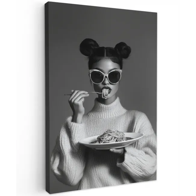 Vrouw - Pasta - Zonnebril Tuinposter op houten frame 2 cm dik klein -3d