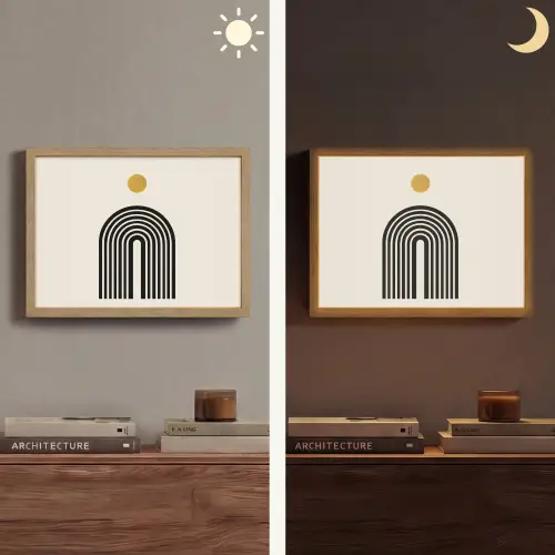 Minimalistisch - Zwarte boog - Gouden cirkel Light Box met batterij (Wandlamp) middel -sfeer3
