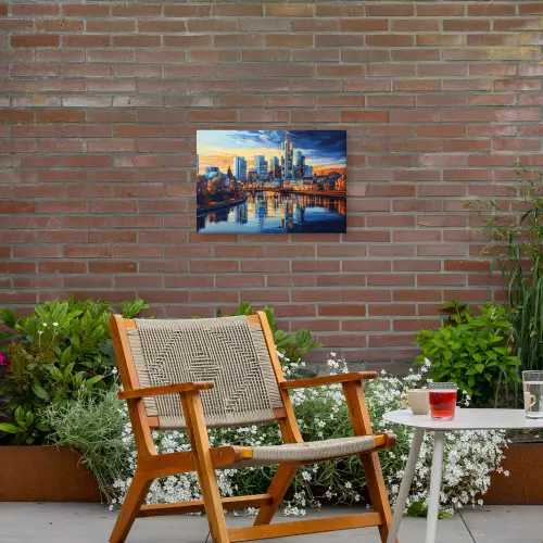 Zonsondergang Frankfurt - Stad - Skyline - Water Tuinposter op houten frame 2 cm dik klein -sfeer3