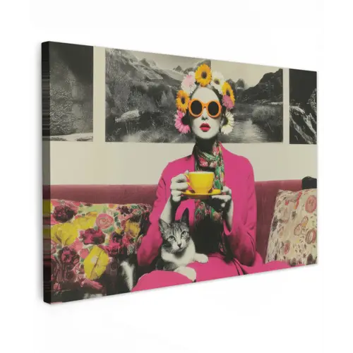 Vrouw - Kat - Bloemen - Kopje - Retro canvas 2cm klein -z3d