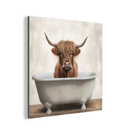 Schotse hooglander - Bad - Badkamer - Badkuip - Bruin - Horens aluminium wit klein -3d