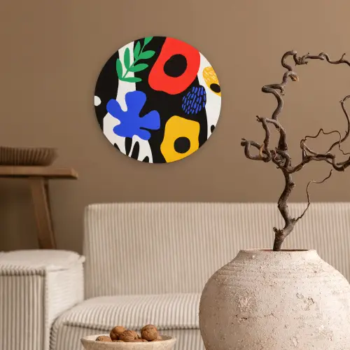 Bloemen - Bladeren - Abstract - Zwart Wandcirkel kunststof plaat 5mm dik klein -sfeer1