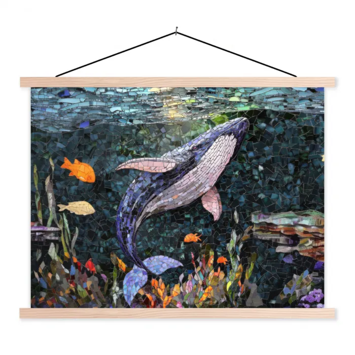 Mozaïek - Walvis - Koraal - Water textielposter latten blank klein -3d