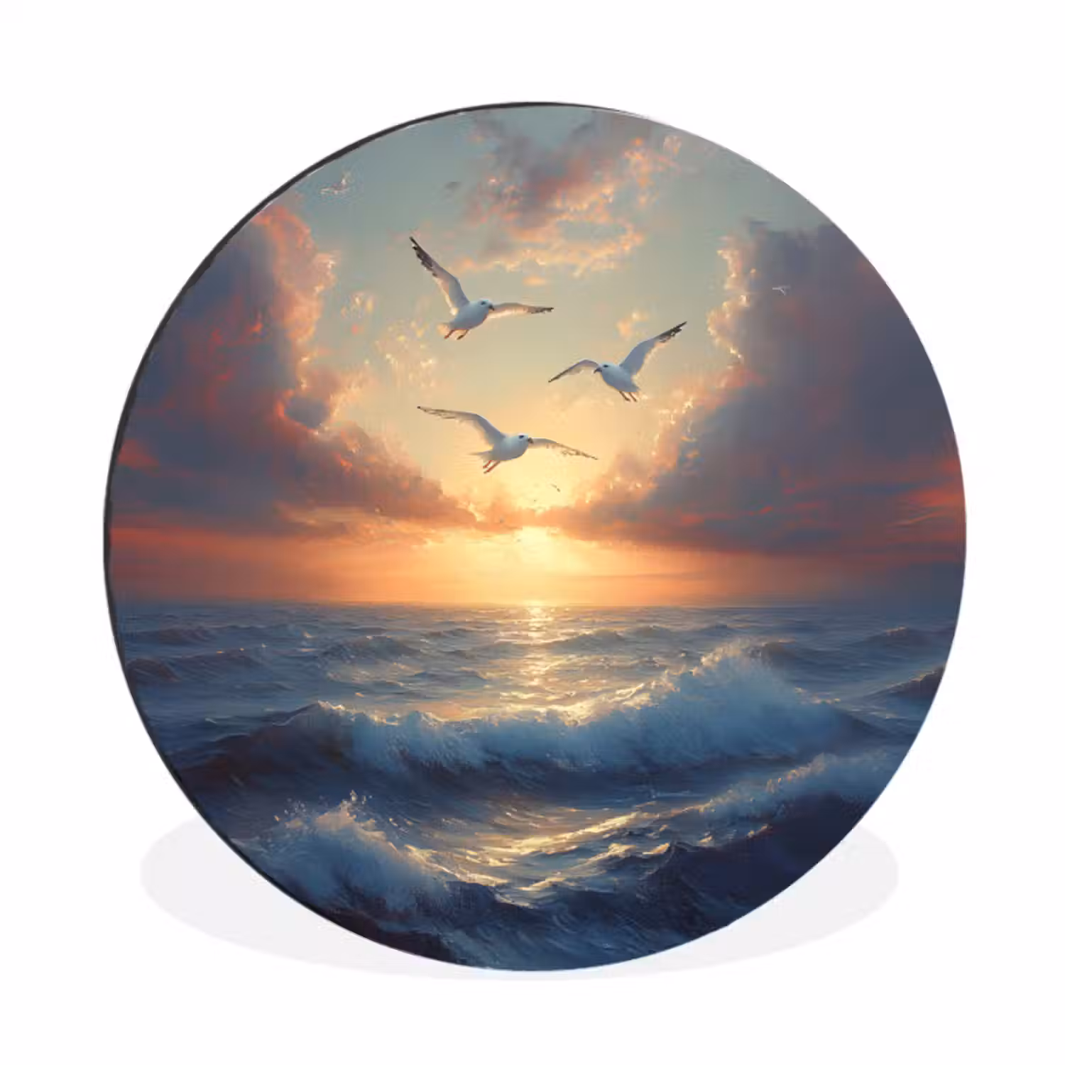 Wandcirkel Aluminium – Meeuwen - Zonsondergang - Zee - Wolken