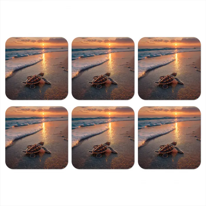 Schildpad - strand - Zonsondergang onderzetter kurk middel -3d
