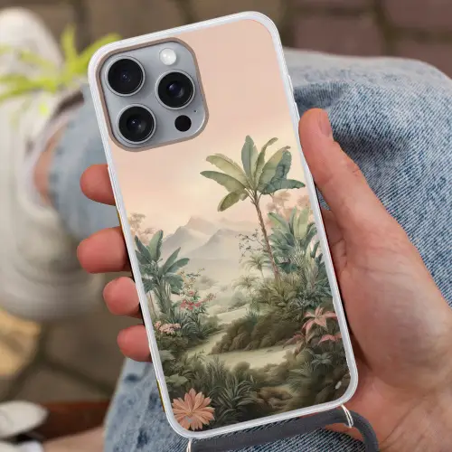 Tropisch landschap - palmbomen - Bloemen - Roze lucht Hoesje iPhone 16 Pro Max met koord klein -sfeer3