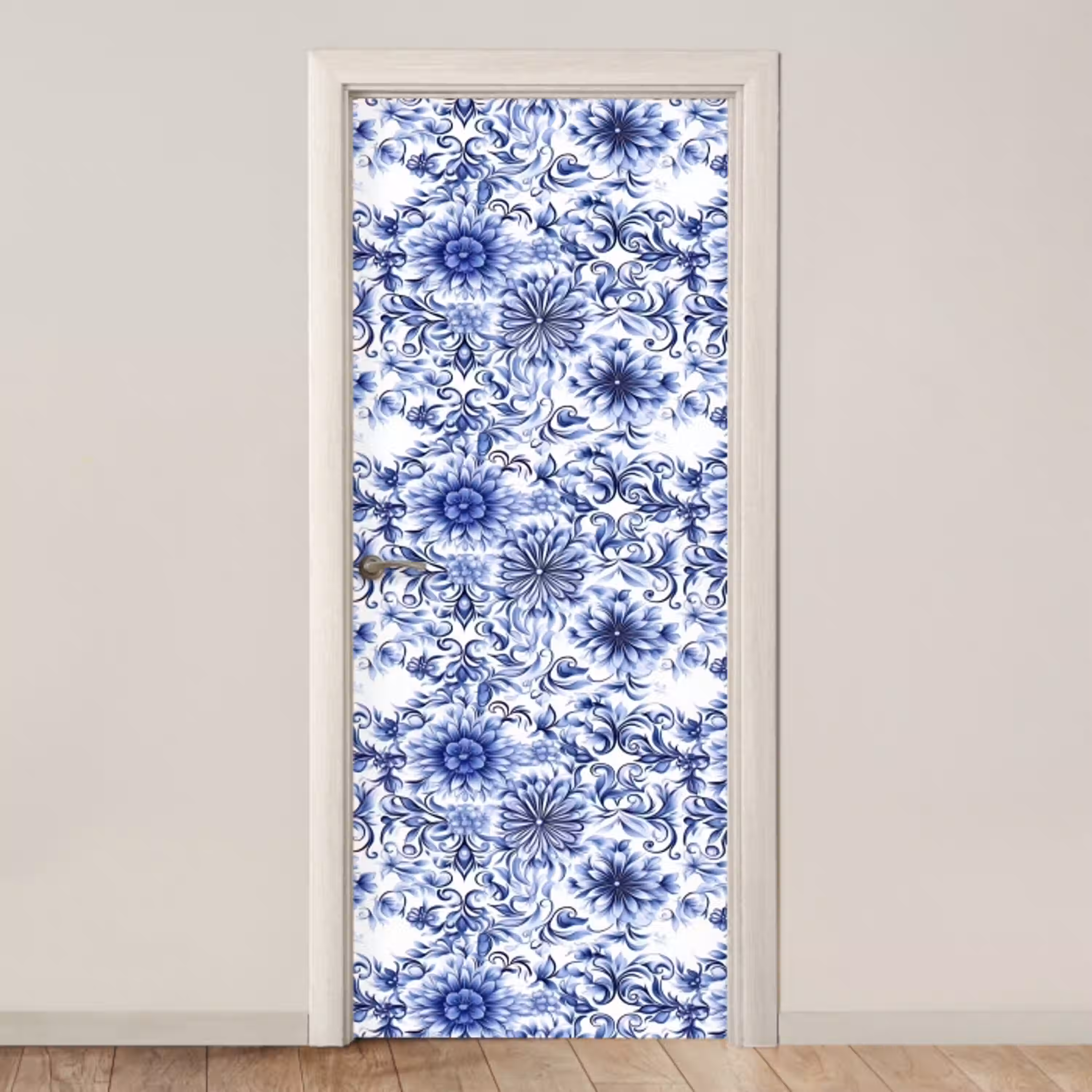 Bloemen - Blauw - Patroon - Wit deurposter klein 289 -3d_beige