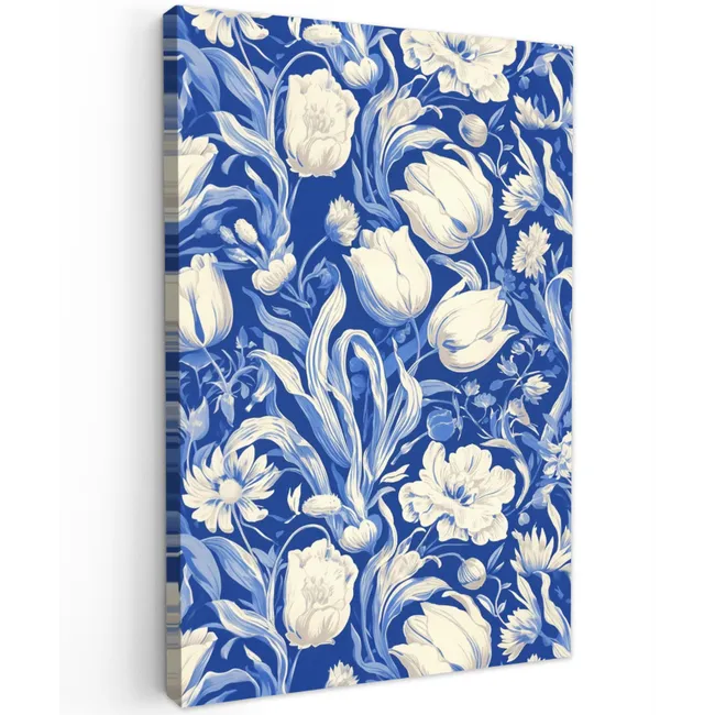 Bloemen - Delfts Blauw - Patroon - Tulp Tuinposter op houten frame 2 cm dik klein -3d