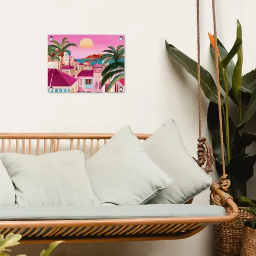 Stad - Roze - Palmbomen tuinposter los doek klein -sfeer7
