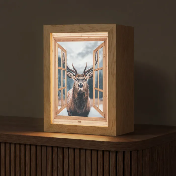 Doorkijk - Hert - Dieren - Winterlandschap - Sneeuw Light Box met kabel (Tafellamp) klein -z3d_website