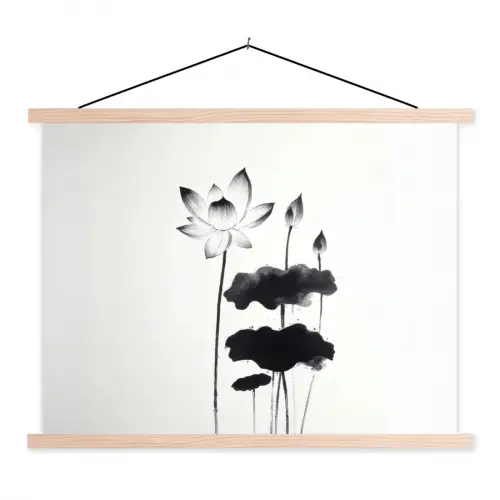 Bladeren - Zwart - Lotusbloem - Minimalitisch textielposter latten blank klein -3d