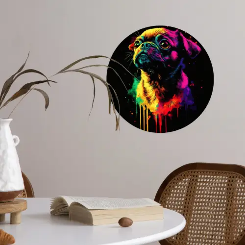 Puck - Hond - Verf - Kleuren Wandcirkel behangsticker klein -sfeer3