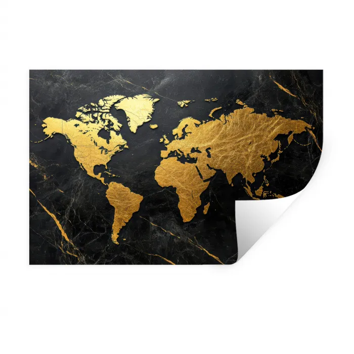 Wereldkaart - Goud - Marmer Muursticker klein -3d