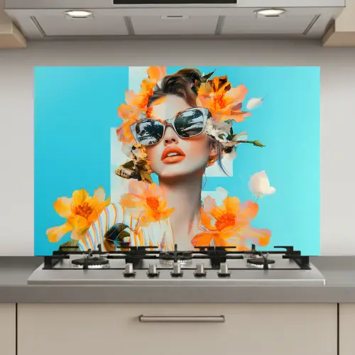 Bloemen - Vrouw - Zonnebril - Blauw keuken achterwand spatscherm klein -3d_website