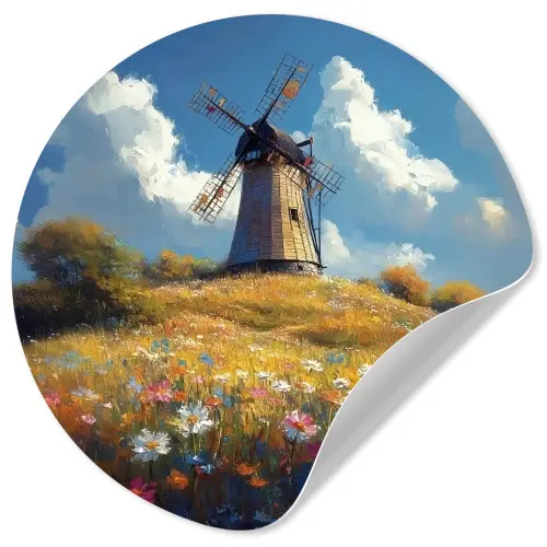 Windmolen - Heuvel - Bloemen - Kleurrijk Wandcirkel behangsticker klein -3d