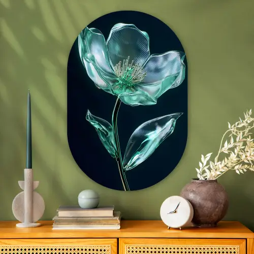 Bladeren - Bloem - Glazen - Donkerblauw Wandcirkel Ovaal Glas middel -sfeer2