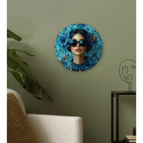 Vrouw - Bloemen - Vlinders - Blauw - Abstract Wandcirkel kunststof plaat 5mm dik klein -sfeer3