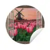 Doorkijk - Tulpen - Bloemen - Molen - Raam Wandcirkel tuinposter met ringen klein -3d