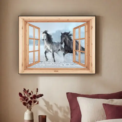 Doorkijk - Paarden - Winter - Dieren - Natuur - Hout Textielframe - compleet frame klein -sfeer1